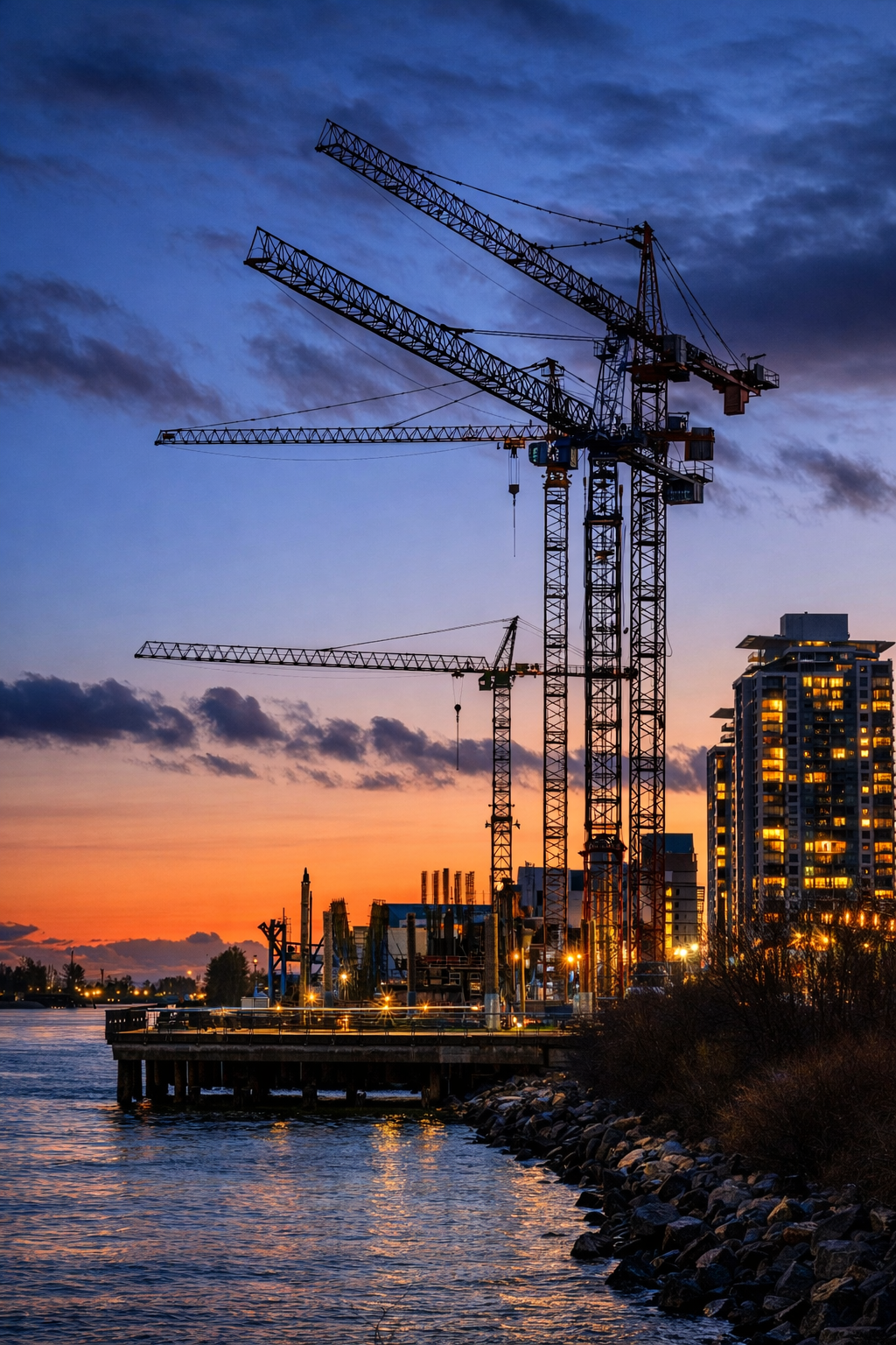 Construction cranes at sunset over waterfront development